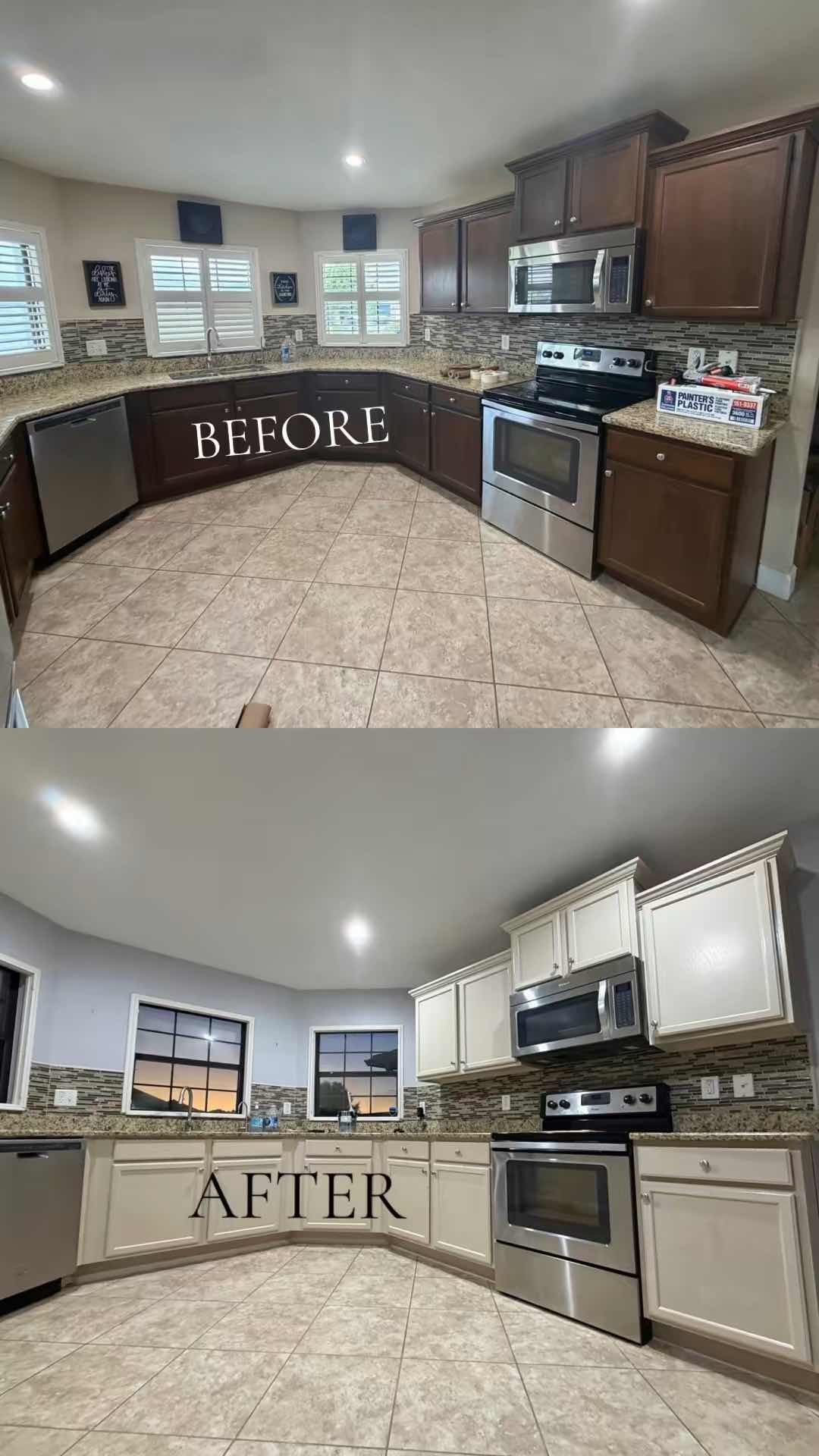 Kitchen cabinets refinished from brown to white